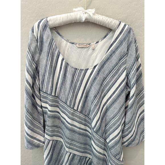 SOFT SURROUNDINGS Linen Blend Dress Blue White Striped Asymmetrical | Large - Picture 2 of 7